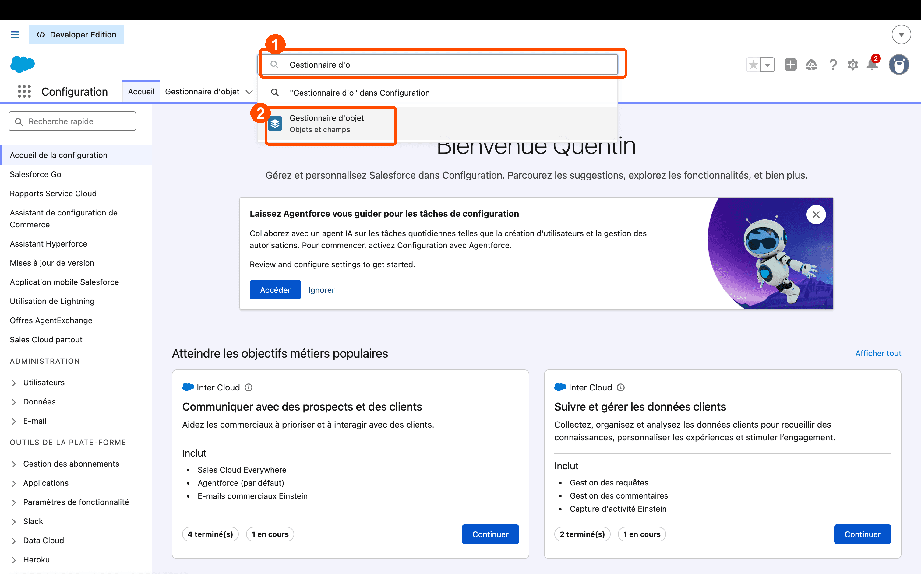 Rechercher puis ouvrir le Gestionnaire d’objet