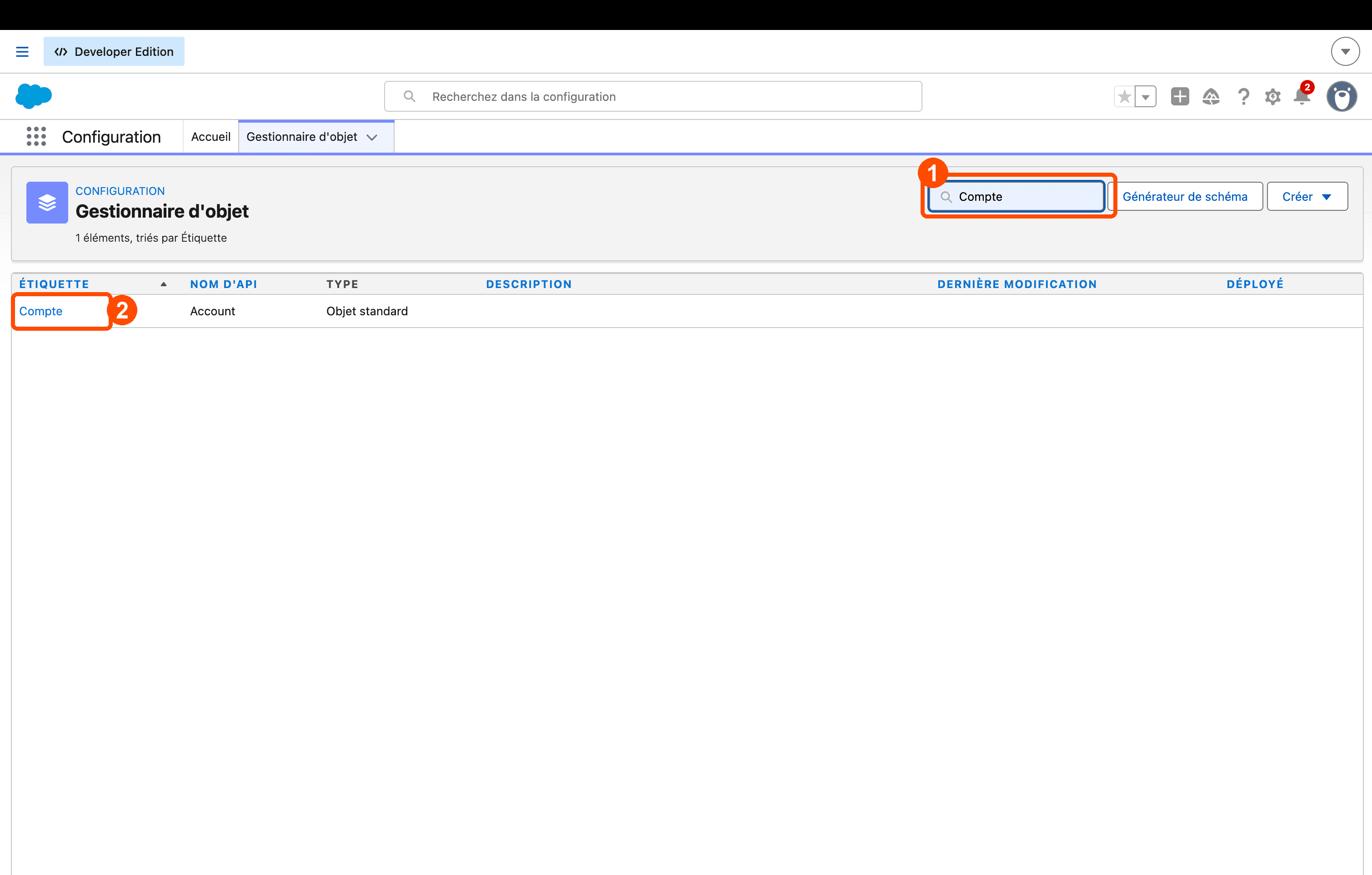 Rechercher puis ouvrir l’objet Compte
